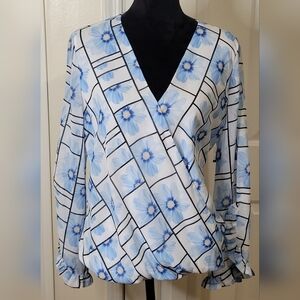 Alfani Women's Faux Wrap Floral Scalloped Sleeves Blouse Top Blue/White Size L